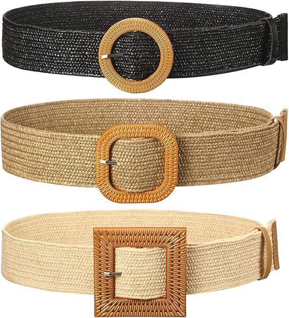 Syhood 3 Pieces Straw Woven Elastic Waist Belt for Women Bohemian Dress Braided Belt