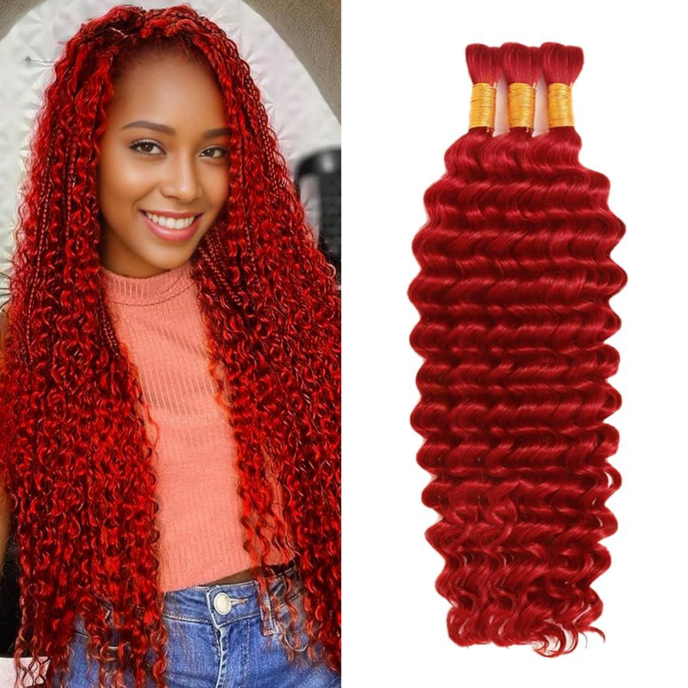 Red Boho Human Hair Red Deep Wave Boho Bulk Human Hair for Braiding 20 20 20 inch No Weft Deep Curly 3 Bundles 50Gram/Bundle
