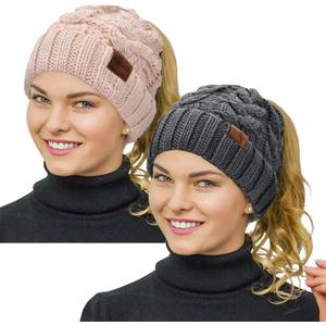 Rosoz Ponytail Beanie for Women,Winter Warm Beanie Tail Soft Stretch Cable Knit Messy High Bun Hat (One Size, 2pack-grey/Beige)
