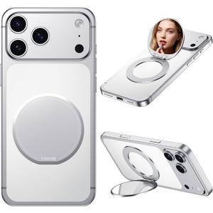 Magnetic Phone Case Stand with Mirror for MagSafe Universal Metal Adjustable Kickstand for iPhone 17/16/15/14 Pro Max Slim Phone Mirror for All Smartphone Used for Women Outdoor Makeup White
