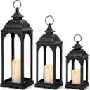 3 Pack Large Decorative Lanterns for Outdoor Porch 25 19 13 inch Metal Farmhouse Lanterns with 3 Flameless LED Candles, Rustproof Hanging Floor Decor for Indoor Patio Fireplace Home(Black)