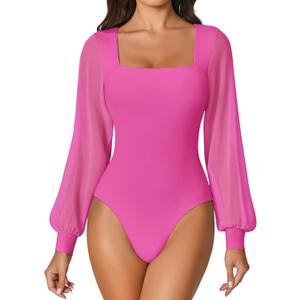 Avidlove Women Puff Long Sleeve Bodysuit Mesh Square Neck Thong Sexy Body Suits Double Lined Leotards, Rose Red, Large
