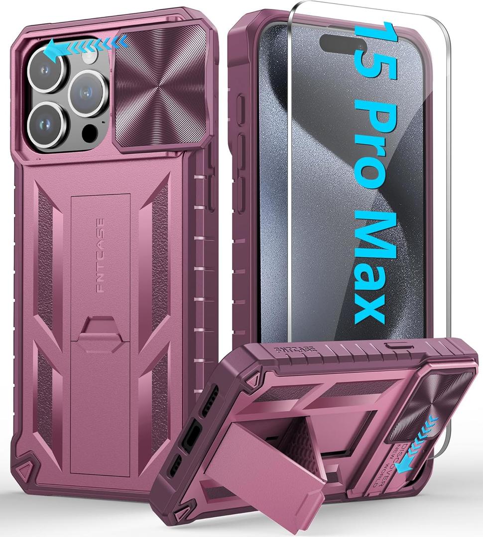 FNTCASE for iPhone 15-Pro-Max Case: Military Grade Drop Protection Rugged Shockproof Protective Cell Phone Cover with Kickstand & Camera Cover | Textured Tough Cases for 15 Pro Max 6.7'' - Hot Pink