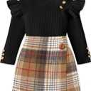 Toddler Girl Clothes,Girls Outfits Long Sleeve Ruffle Button Tops + Plaid Skirt Shorts + Hat 3Pc Little Girls Clothes (4-5T, Black+brown Plaid)
