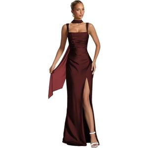 EAURIC BurgundySatin Bridesmaid Dresses with Slit for Women Square Neck Mermaid Prom Dress Long Satin Evening Dress with Scarf Size 8 AU076