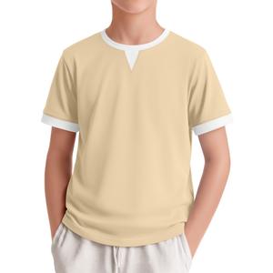 LessonZoo Boys Shirts Short Sleeve Color Block T-Shirts Baseball Kids Casual Geometric Tees Summer Fashion Crew Neck Tops(Apricot&White,7-8 Years)