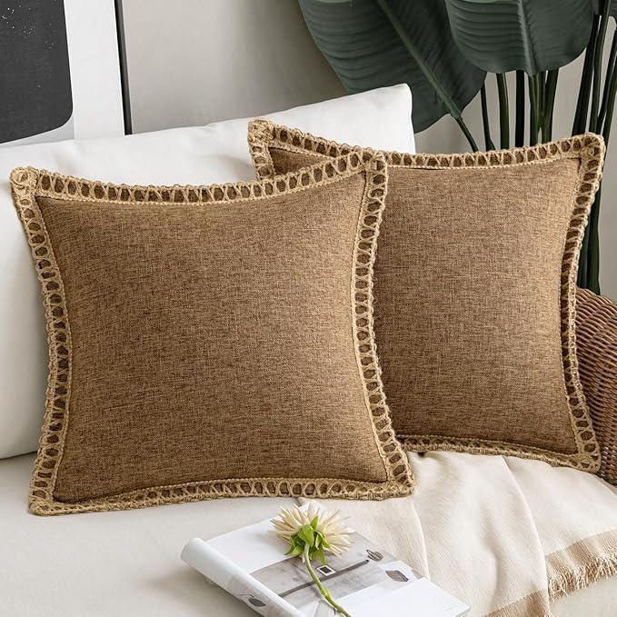 MIULEE Burlap Linen Throw Pillow Covers 18x18 Inch Set of 2 Brown Decorative Pillows Modern Farmhouse Pillowcases Soft Accent Cushion Covers for Outdoor Couch Sofa Bedroom Livingroom Home Decor