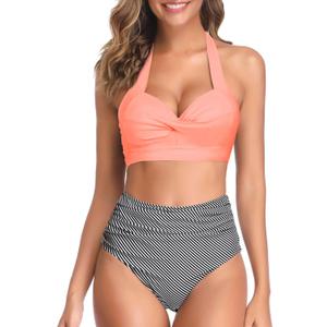 Tempt Me Women Two Piece Swimsuit High Waisted Bikini Halter Vintage Retro Bathing Suit Push up Swimwear (Orange, S)