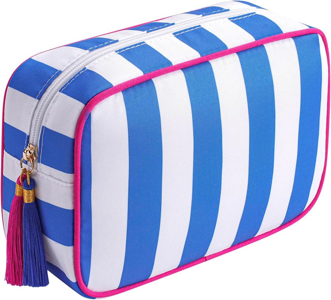 Large Striped Zipper Makeup Bag, Aesthetic Tassel Travel Cosmetic Bag, Coquette Toiletry Bag, Cute Girls Handbags Purses, Preppy Accessories Storage Bag for Women Girls (08 Dark Blue)