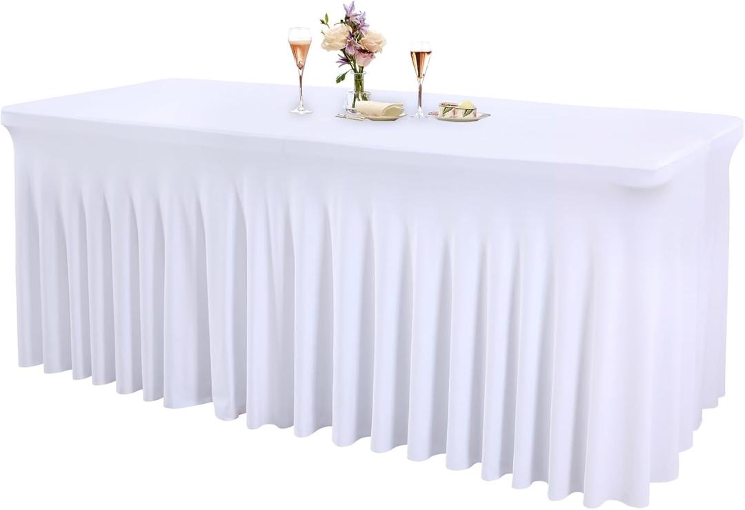 1 Pack White Tableclothes for 8 Foot Rectangle Tables, Wrinkle Resistant Fitted Table Cloth Stretch Spandex Table Covers with Skirt for Event Banquet Wedding Birthday Party
