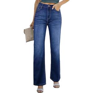 Womens Wide Leg Jeans High Waisted Straight Leg Stretchy Baggy Trendy Casual Denim Pants with Pockets (L)