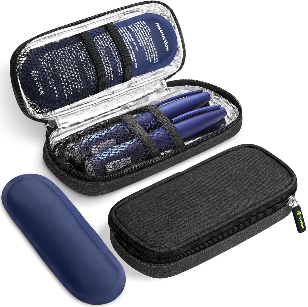 AUVON Insulin Cooler Travel Case with 2 x 90g TSA Approved Ice Packs, Diabetic Medication Insulated Cooling Bag for Insulin Pens and Diabetic Supplies Storage, Compact for Daily Life and Trips (Black)