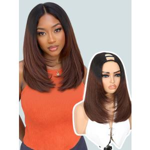 Quantum Love Black Brown U Part Wig V Part Yaki Straight Layered Short Bob Wigs For Women Upgrade Put On Go Clip in Half Wigs Glueless Heat Resistant Synthetic Hair (24inch, Black Brown)