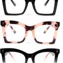 REAVEE 3 Pack Oversized Square Reading Glasses for Women, Blue Light Blocking Stylish Readers Spring Hinge, Black+Pink Leopard+Black Pink (1.25)