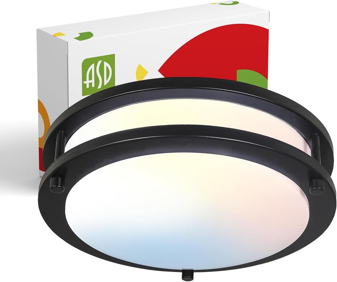 ASD LED 10 Inch Round Flush Mount Light Fixture | 16W 1050LM 3000K-5000K 120V | 3CCT, Dimmable, Energy Star, ETL Listed | Close to Ceiling Double Ring Lamp, Low Profile Lighting | Black