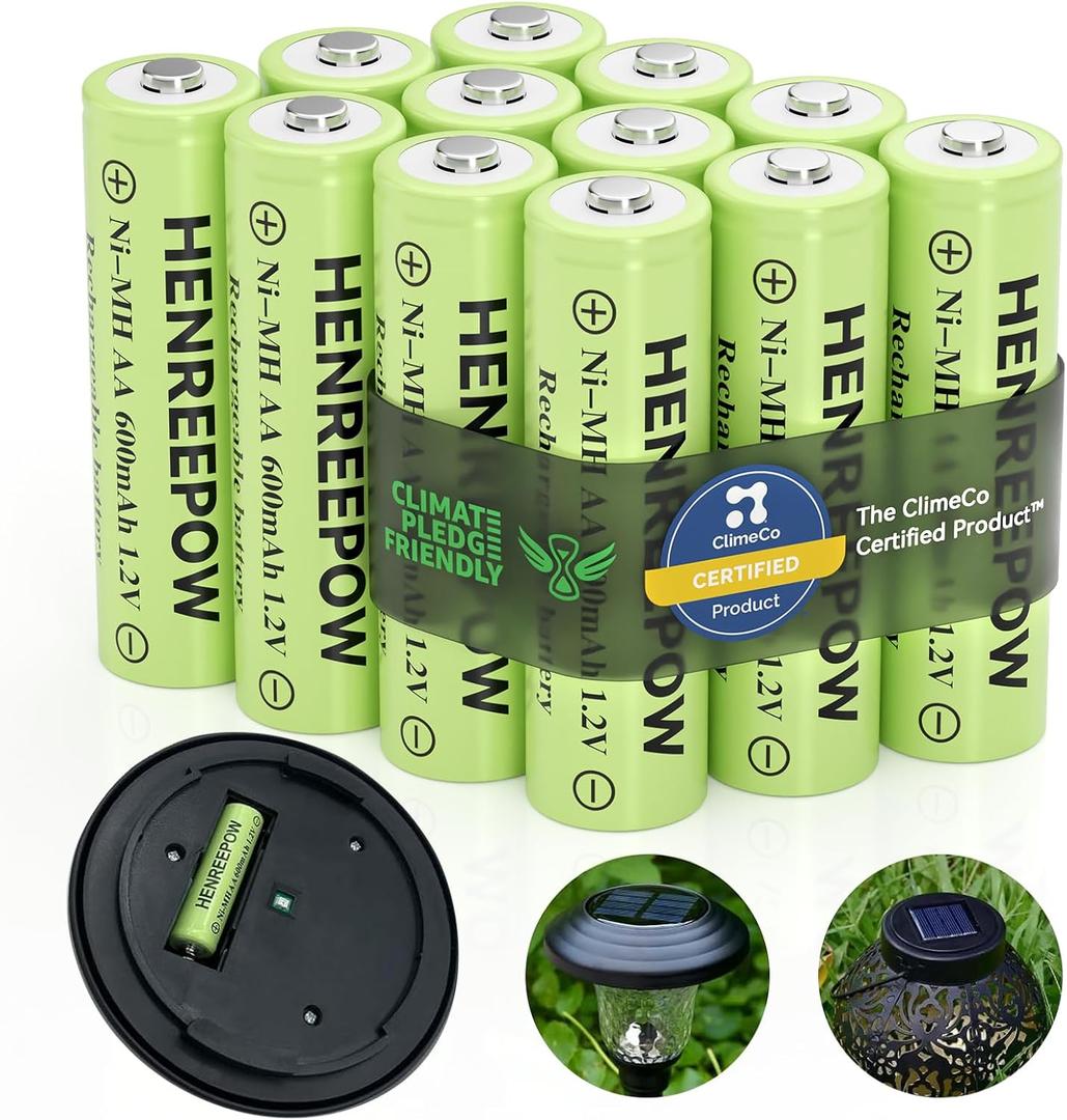 Henreepow Ni-MH AA Rechargeable Batteries, Double A High Capacity 1.2V Pre-Charged for Garden Landscaping Outdoor Solar Lights, String Lights, Pathway Light (AA-600mAh-12pack)
