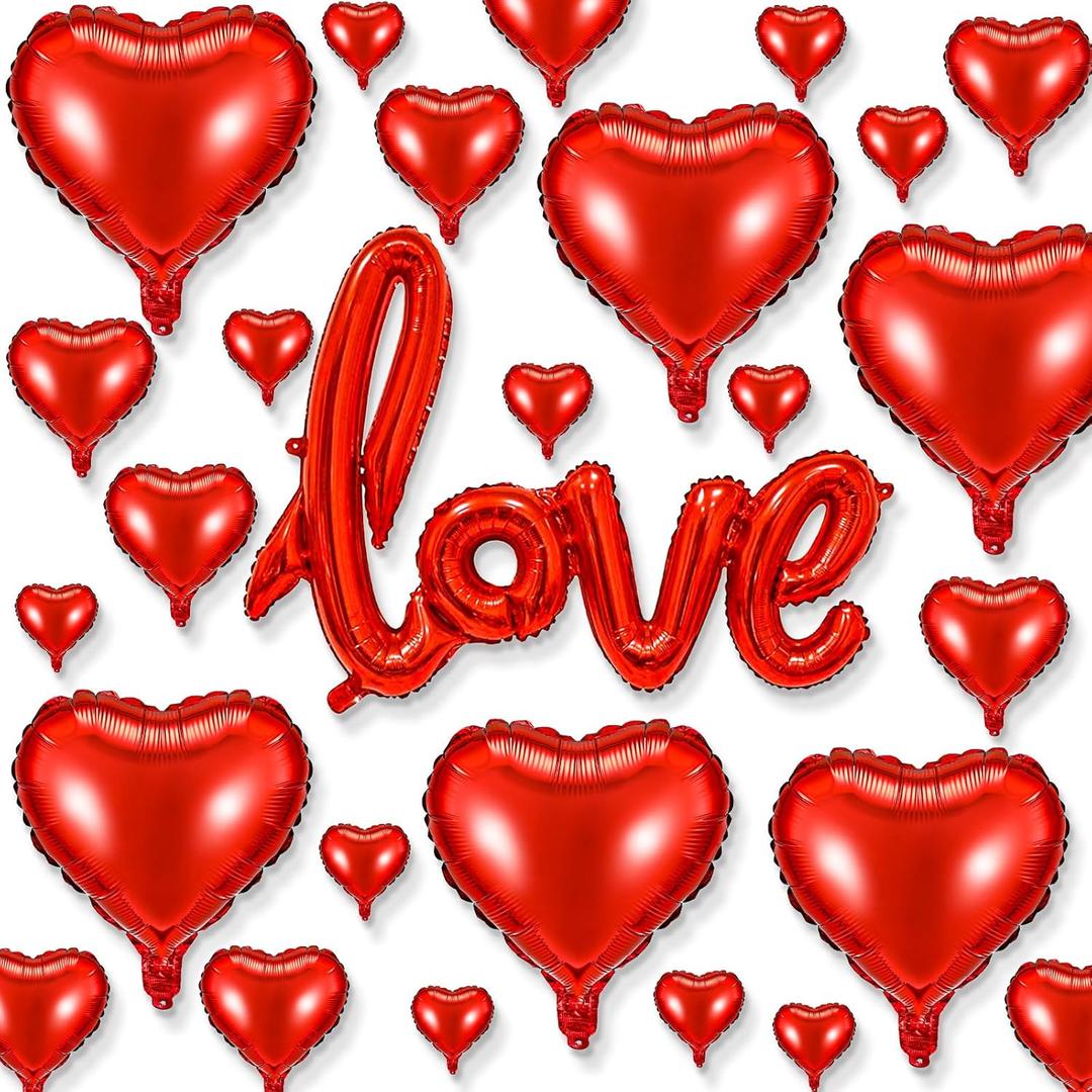 Civaner 37 Pieces Valentine's Day Heart Foil Balloons, 5 10 18 Inch Heart Love Shaped Balloon for Valentines Day Propose Wedding Dating Romantic Night Anniversary(Red)