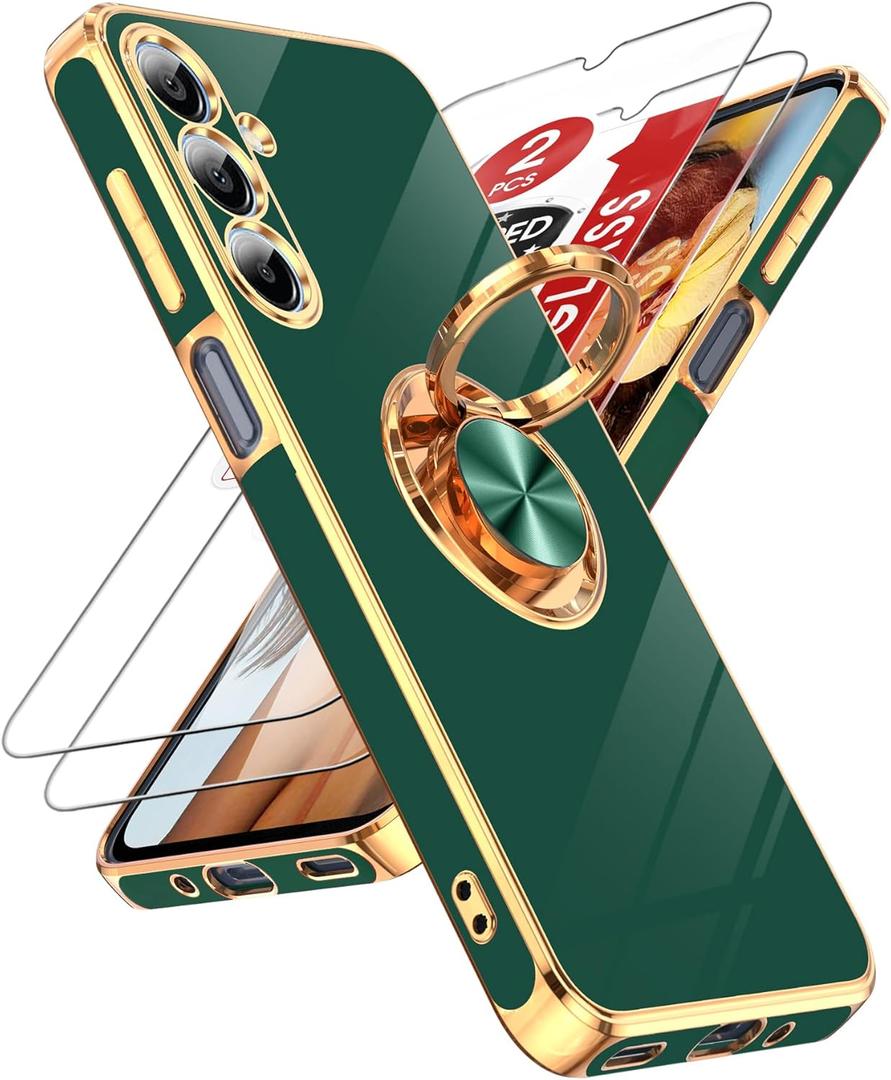 LeYi for Samsung Galaxy A16-5G Case: 2 Pack Tempered Glass Screen Protector and 360 Rotatable Ring Holder Magnetic Kickstand, Plating Rose Gold Edge para A 16 Case, Dark Green