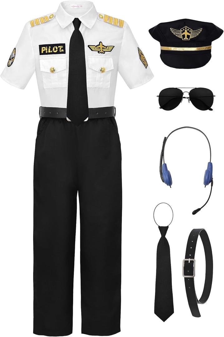 ReliBeauty Pilot Costume for Kids with Accessories Airline Captain pilot Costume Dress up Career Day (6/120, White(short Sleeve))
