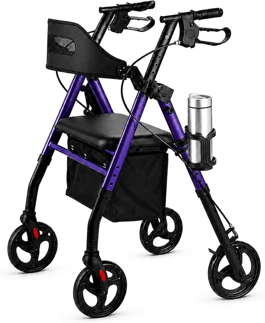 Rollator Walker with Seat, Foldable Lightweight Walkers for Seniors 4 Wheel Heavy-Duty Bariatric Rolling Walker 8'' Big Wheels Locking Brakes All Terrain Adjustable Handles 350 lb Capacity, Purple
