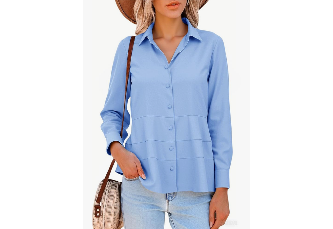 Cicy Bell Women's Button Down Shirts Collared V Neck Long Sleeve Peplum Tiered Blouse Tops XXL