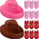 Haysandy 24 Pieces Western Cowboy Hat Set, Felt Cowboy Themed Party Hats with Paisley Bandanas for Kids Costume Party(Brown, Pink, Red)