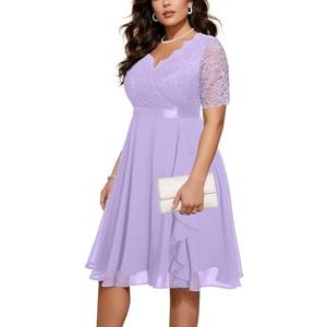 Talisea Plus Size Wedding Guest Dress - Formal Cocktail Party Ruffle Elegant Tea Length Lace Chiffon V Neck Midi Dresses,16W