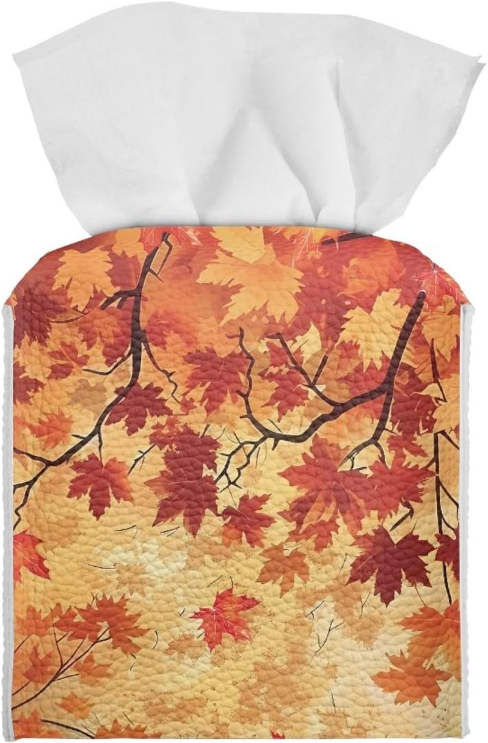 Maple Leaf Tissue Box Cover Square Facial Tissue Holder Storage for Bedroom Bathroom Night Stand Car Modern Home Decorative with Buttons Napkin Case Covers Thanksgiving Decor