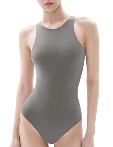 PUMIEY Bodysuit for Women Sexy Tops Thong Bodysuit Sleeveless Tank Top Elephant Grey Medium