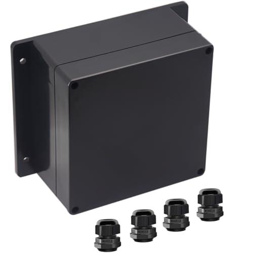Otdorpatio Junction Box IP65 Waterproof ABS Plastic Electrical Project Case Power Junction Boxes, Project Box with Fixed Ear Black 6.30x6.30x3.54 inch (160 x 160 x90 mm)