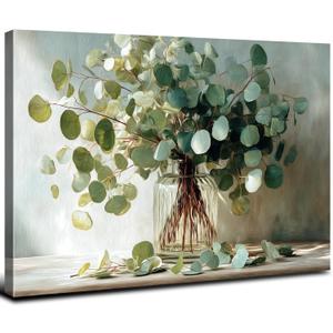 Nature Eucalyptus Canvas Wall Art for Kitchen Sage Green Wall Decor Mason Jar Green Leaf Bouquet Picture 16x24", Watercolor Botanical Posters Prints Painting Artwork for Living Room Home Decorations