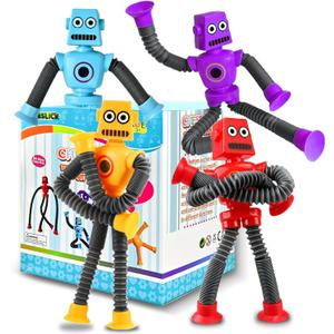 Robot Sensory Travel Toys 4Pcs for Toddlers Kid Boy Year Old Ages 3 4 5 6 7 8 9, Airplane Activities Suction Autism Pop Tube Fidget Toys Autistic Stocking Easter Basket Stuffer Valentine Gift for Kids