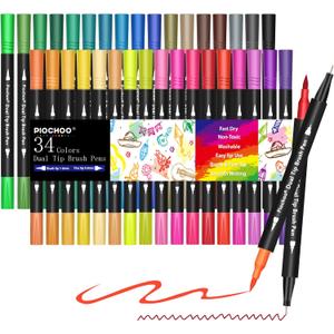Piochoo Coloring Markers Pens, 34 Dual Tip Brush Pens, Fine Point Marker set for Adult Coloring Book, Bullet Journaling, Drawing