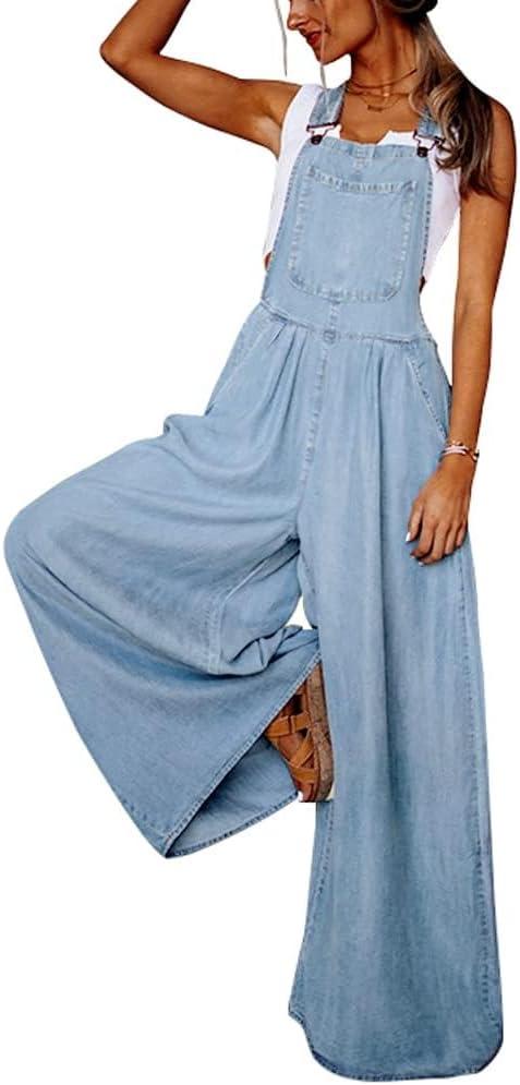 CHOUYATOU Women's Loose Adjustable Strap Wide Leg Denim Bib Overalls Baggy Distressed Jean Overalls Pants (S)