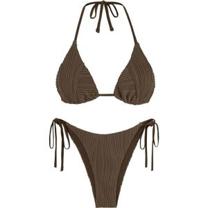 ZAFUL Bikini Sets for Women Halter Two Piece Swimsuit Ribbed High Cut Tie Side Thong Bathing Suit Sexy Padded Swimwear (Large, Deep Coffee)