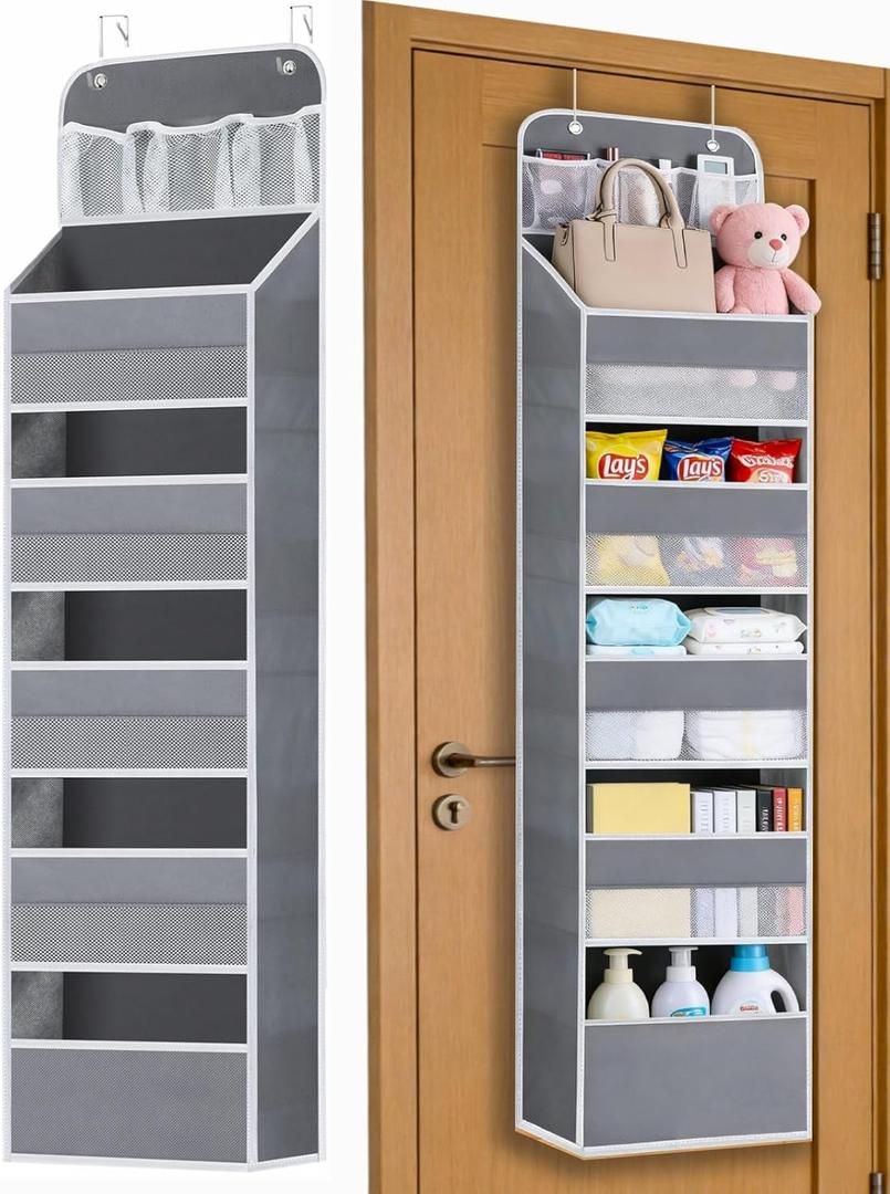 Over the Door Organizers - 5 Tier Hanging Door Storage with 5 Spacious Pockets, Anti -Tilt 44 lb Load Behind Door Organizer for Bedroom,Nursery,Bathroom,Kitchen,Dorm,Pantry - 1 Pack,Grey