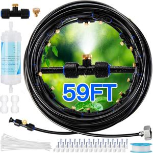 Misters for Outside Patio with Water Filter - 59Ft(18M) Misting system Line 20 Brass Mist Nozzles Brass Adapter(3/4") Patio Misters for Cooling Outdoor Greenhouse Backyard Porch Garden BBQ Party Pool