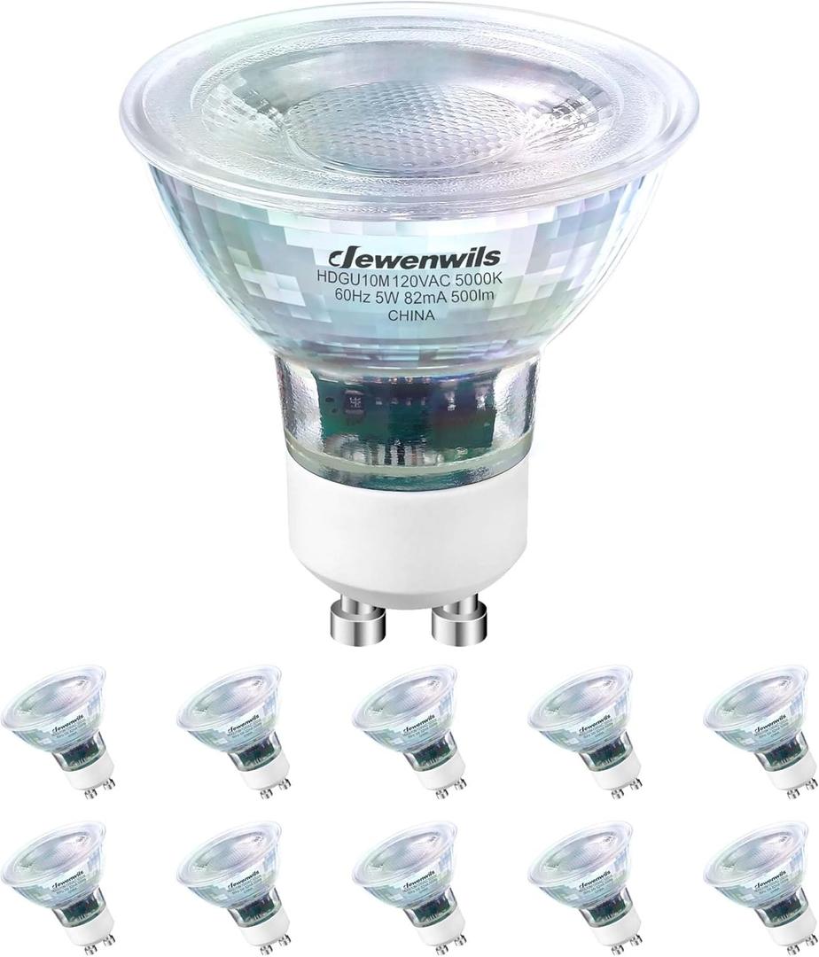 DEWENWILS 10-Pack GU10 Bulb Dimmable, LED Bulb Replacement for Track Lighting, Two Prong Bulb with Glass Cove for Range Hood, 50W Equivalent, 500LM, UL Listed (5000K Daylight White - 35Beam Angle)