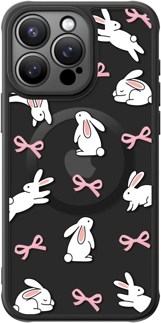 FUNMIKO for iPhone 15 Pro Case Wireless Charging & Military-Grade Protection - Cute Floral Design for Women Girls, Non-Slip Matte Cover with Shockproof Corners - Adorable Rabbit and Bows