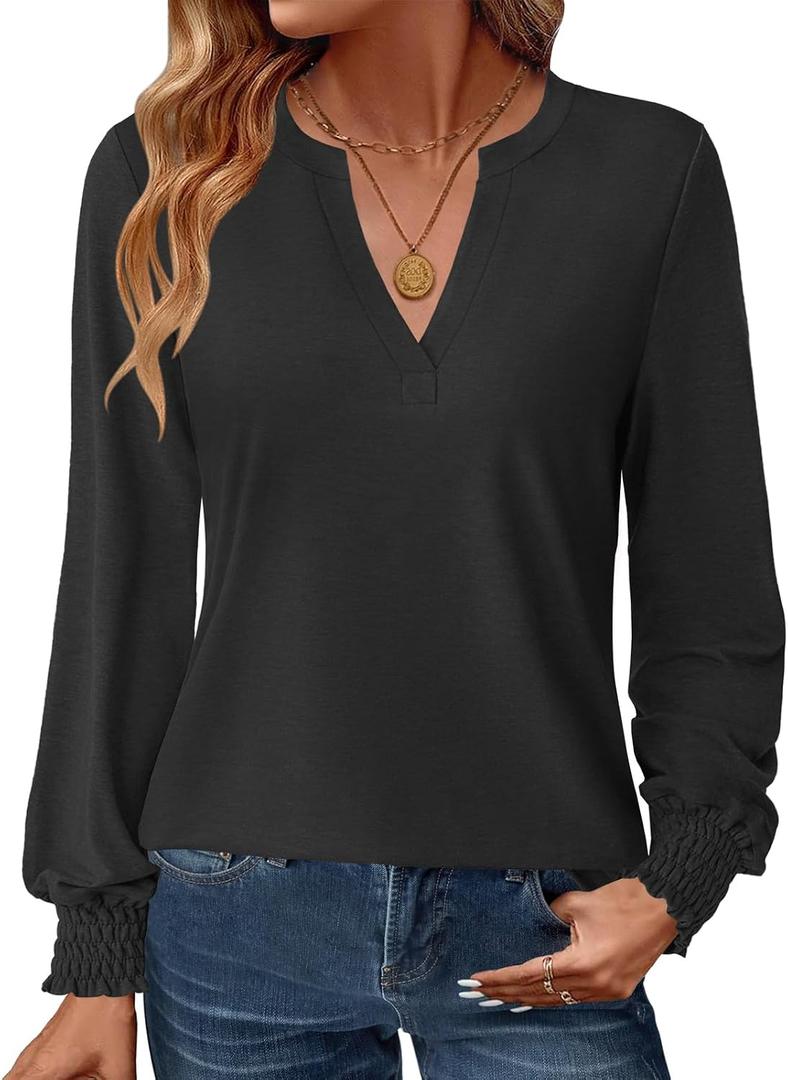 GKBK Womens Long Sleeve Shirts Fall Tops V Neck Business Dressy Casual Blouses with Smocked Cuffs (Black, XL)
