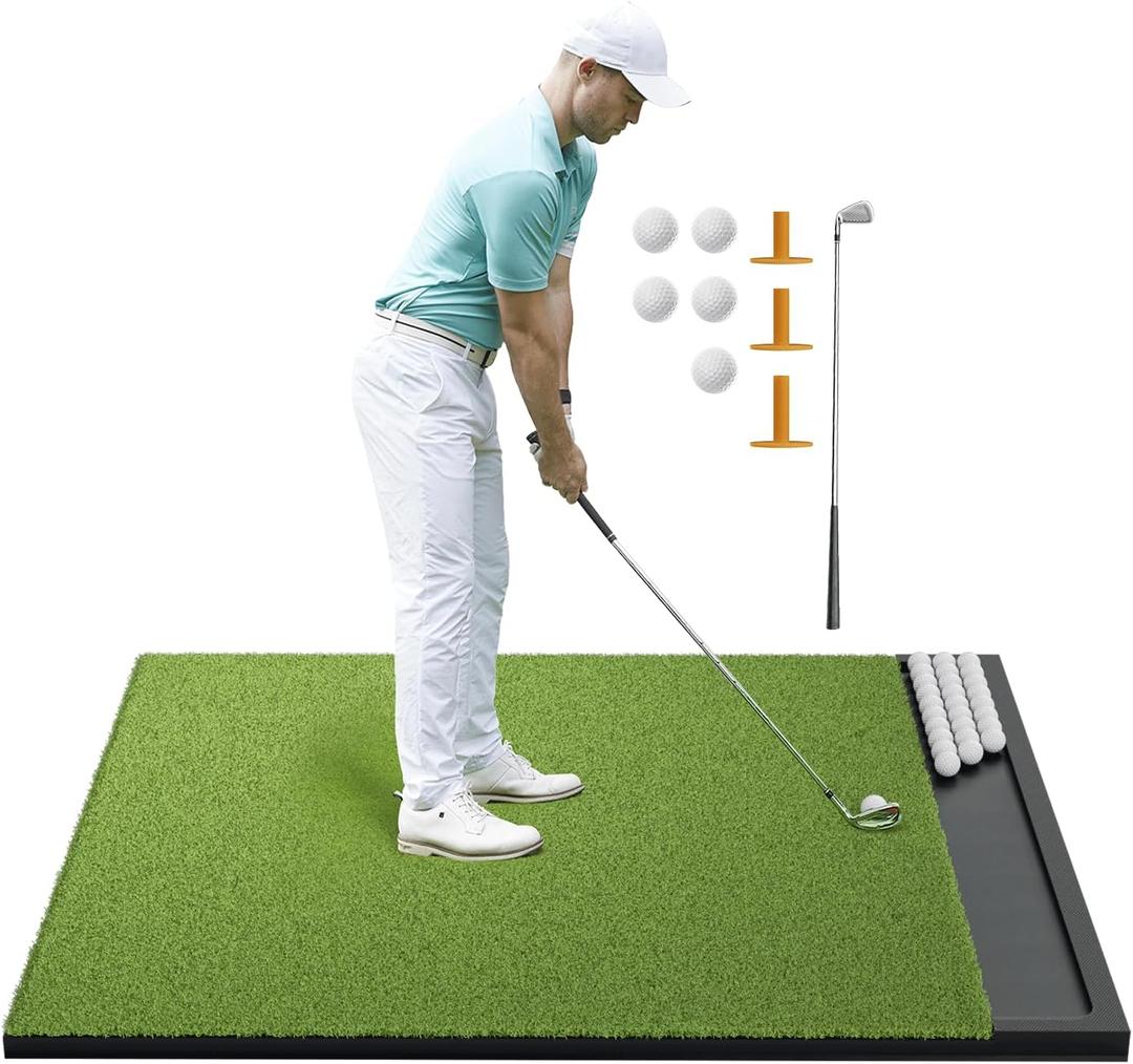 Integrated Golf Mat with Ball Tray, 5x4ft Practice Mat Set, Thickening Golf Mats Practice Outdoor & Indoor, Artificial Turf Matt Includ Balls,Tees, Club