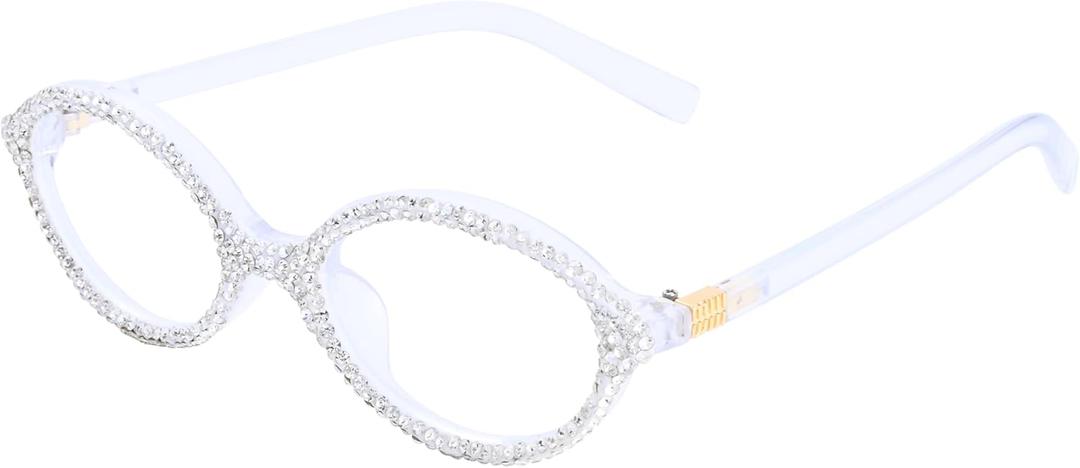 ICARA Fashion Rhinestone bling Reading Glasses for Women Retro Oval Reader Trendy Diamond Party Magnifying Glasses (White)