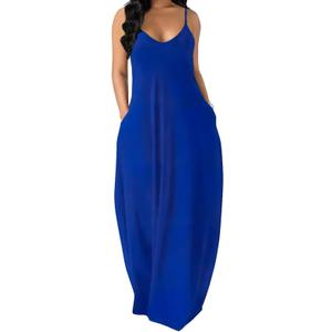 Women's Maxi Dresses Summer Spaghetti Strap Dress with Pockets, Small 