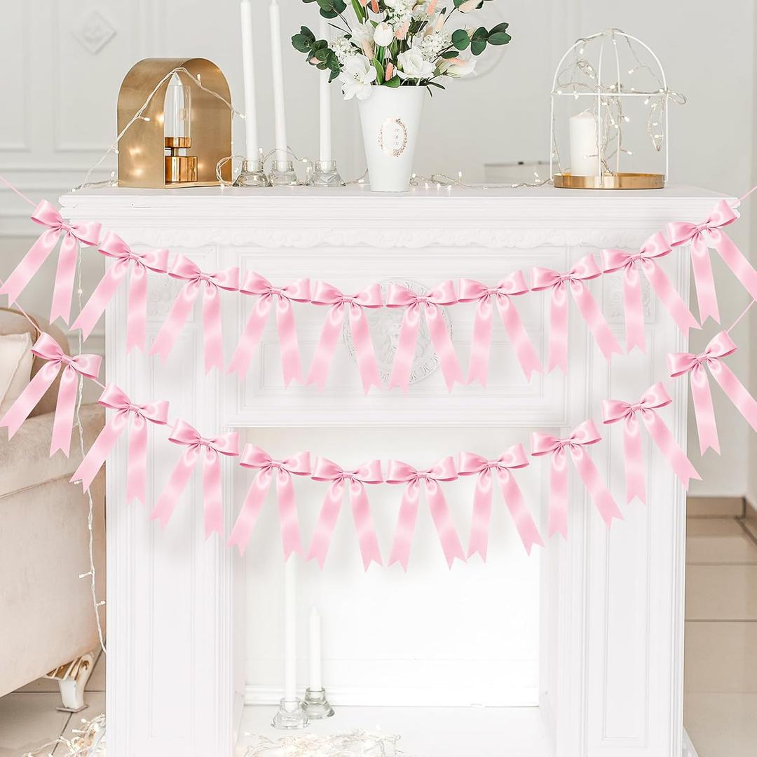 2 Pcs Pink Bow Garland Banner, Pre-Strung Pink Satin Ribbon Bow Garland Coquette Birthday Decorations for Classroom Decor Wedding Birthday Baby Shower