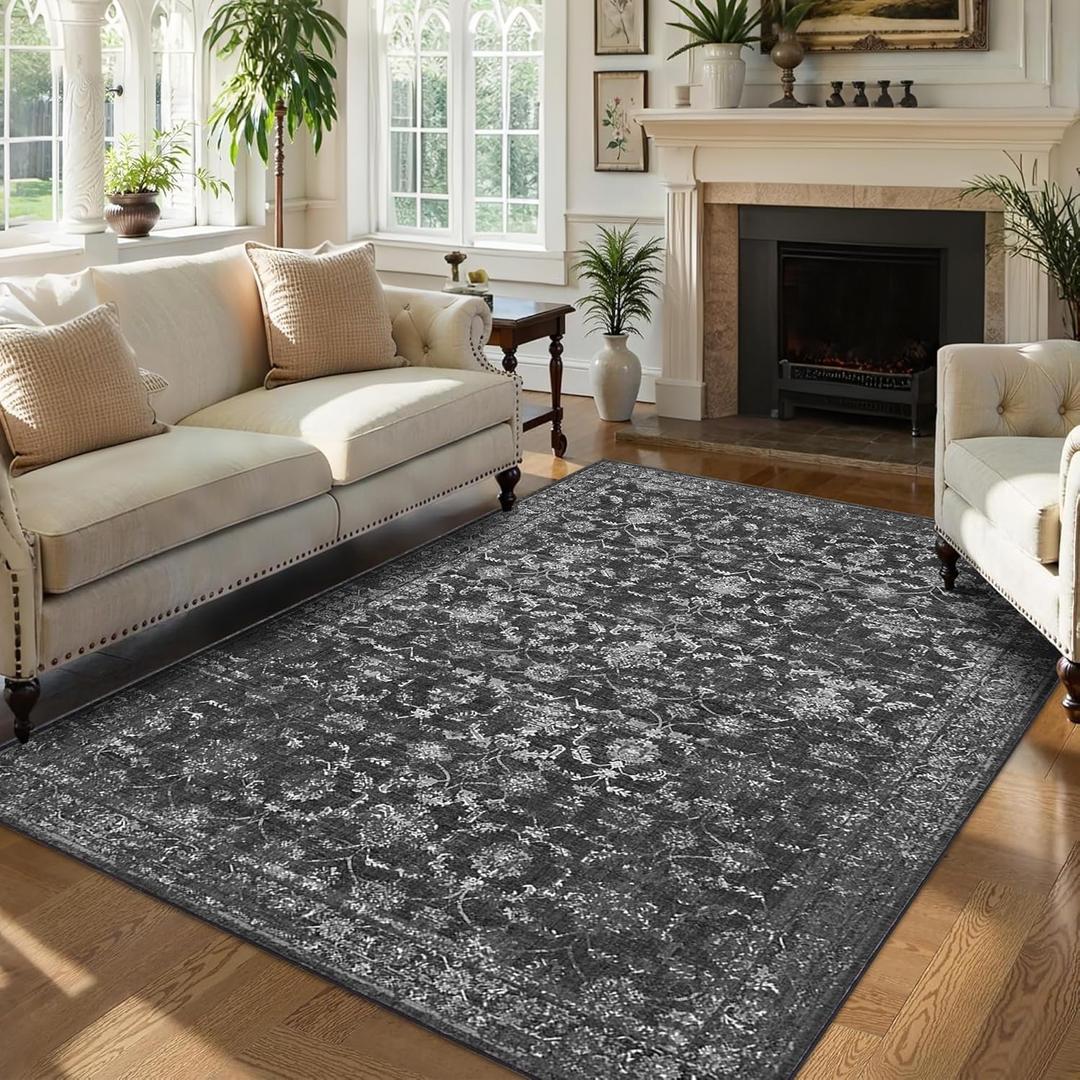 Washable Area Rug 6x9 Black Rugs for Living Room, Vintage Boho Large Rug for Bedroom Dining Room Office, Distressed Floral Print Carpet for Under Table, Soft Non Slip Low Pile Throw Carpet Indoor Mat
