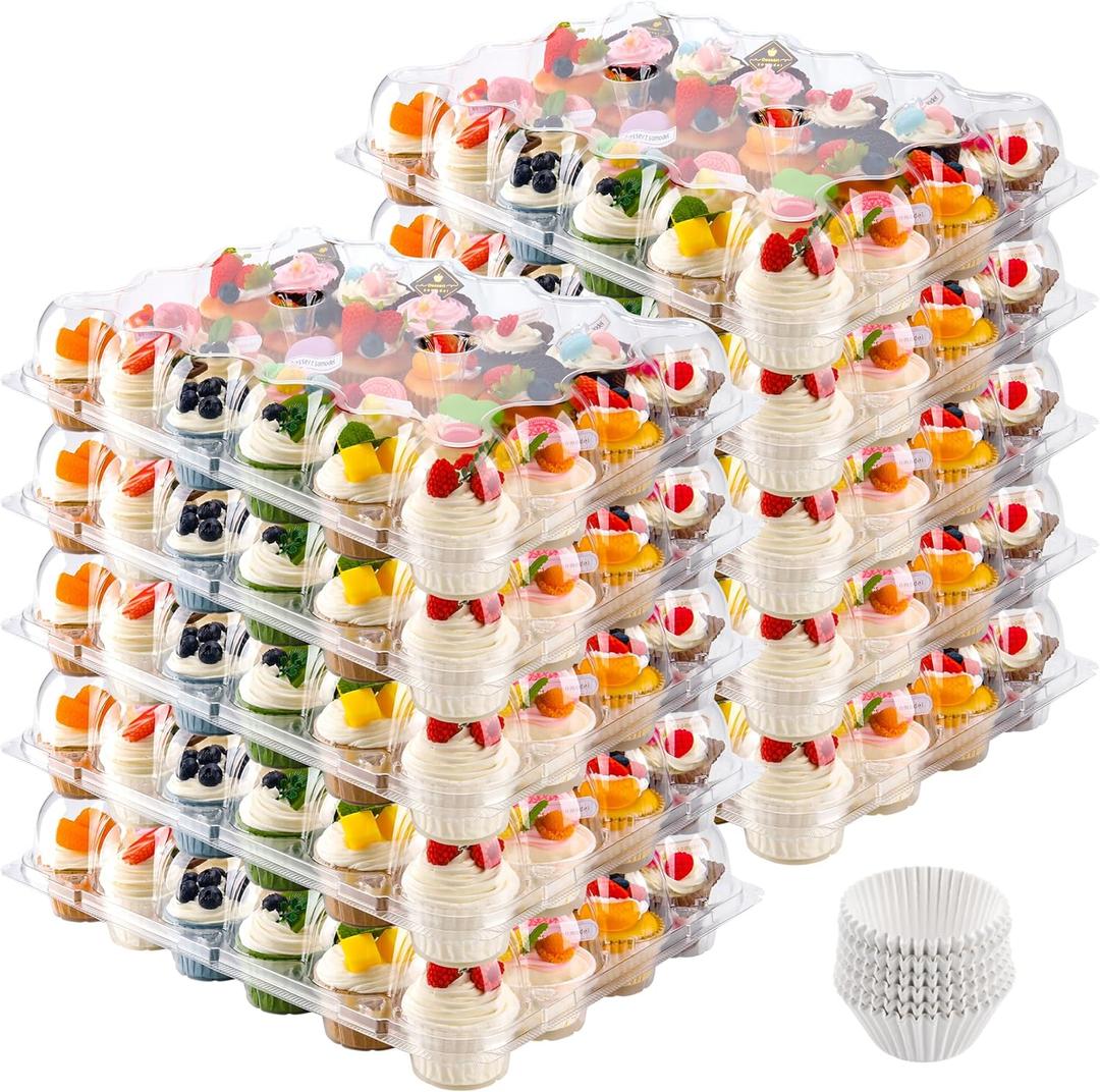 24 Count Cupcake Containers 15 Pack Cupcake Holders Plastic Clear Disposable Cupcake Containers with Detachable Tall Dome Lids and 360 Liners for 360 Cupcakes, BPA Free, Stand Size