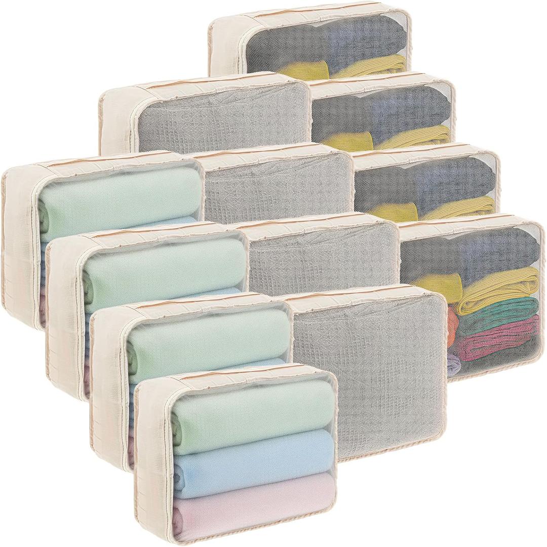Kifmurase 12 Pcs Packing Cubes for Suitcase Travel Luggage Organizers Bulk Large Mesh Clothing Underwear Bags Foldable Laundry Bags for Hiking Camping Backpacking Clothes Accessories (Beige)