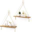 Mkono Macrame Hanging Shelves Boho Wall Decor Set of 2 Rustic Wood Floating Storage Shelf for Bedroom Bathroom Living Room Nursery Dorm Room, Display Shelving for Hanging Plants Photos (White)