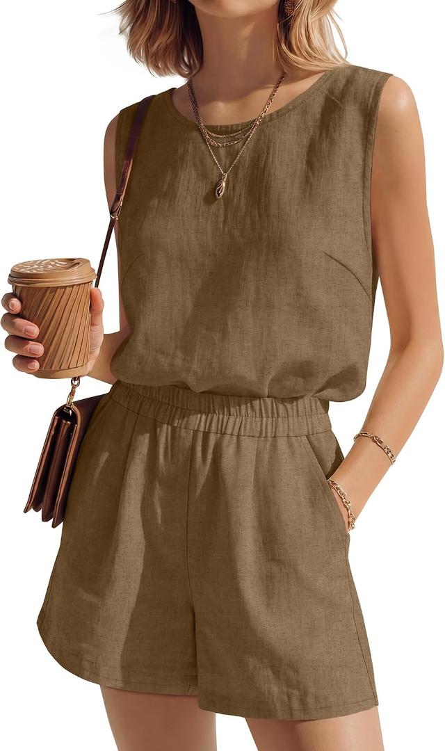 Ficerd Womens 2 Piece Summer Outfits Linen Short Sets Round Neck Sleeveless Tank Top Elastic High Waisted Shorts with Pockets(Khaki, Small)