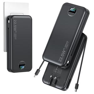 20000mAh Ultra-Portable-Charger-Power-Bank with Built in Cables&AC Wall Plug,PD20W USB-C Fast Charging Cell Phone Charger Battery Pack,LED Display Travel Battery Bank for All iPhone,Samsung,Android